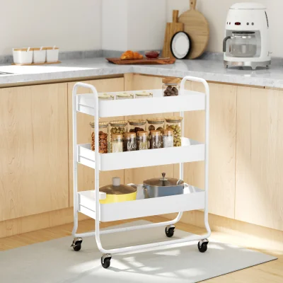 The Range HOMCOM 3-Tier Storage Trolley on Wheels with Mesh Backets - White