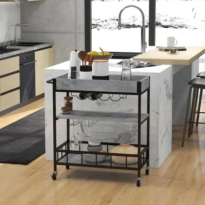 The Range Industrial Bar Cart 3 Tier Kitchen Trolley on Wheels with Wine Rack - Grey