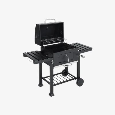 The Range Darphe Outdoor Charcoal BBQ Grill Trolley with Double Side Shelves - Black / 138cm