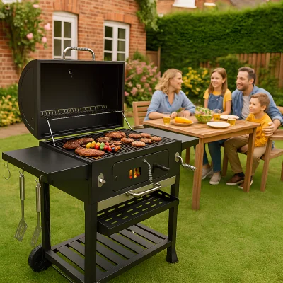 The Range Outdoor Charcoal BBQ Grill Trolley Chimney Shelf - Black