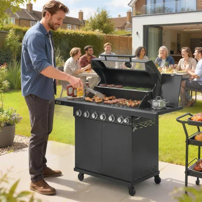 The Range Outsunny 6 plus 1 Burner Gas BBQ Grill Barbecue Trolley with Wheels - Black