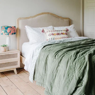 Graham & Green Sage Green Velvet Super King Size Quilt with Printed Reverse