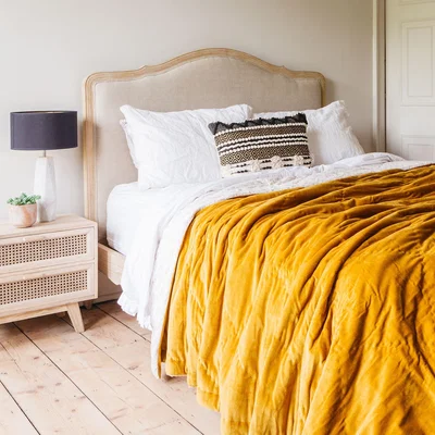 Graham & Green Mustard Velvet Super King Size Quilt with Printed Reverse