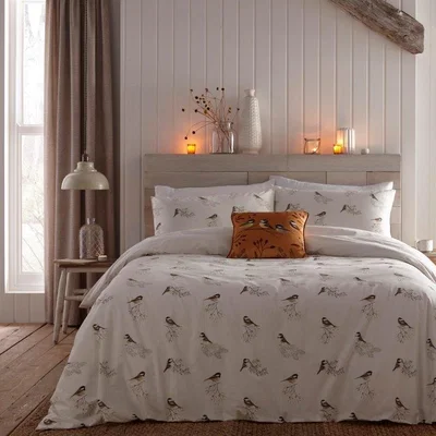 Downtown Dreams & Drapes Dreams and Drapes Lodge Chickadees Brushed Cotton Natural Duvet Set - Super King, Striped