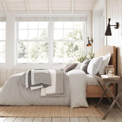 Downtown Helena Springfield Breton Stripe Grey Duvet Set - Single, Cotton, Patchwork - ["White","Grey"], ["Single","Double","King","Super King"]