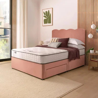 Dunelm Silentnight Velvet Divan Bed with Wave Headboard & 800 Pocket Sprung Mattress Dusky Pink