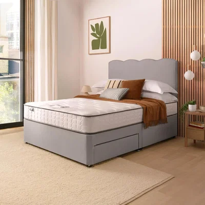 Dunelm Silentnight Fabric Divan Bed with Wave Headboard & 800 Pocket Sprung Mattress Light Grey