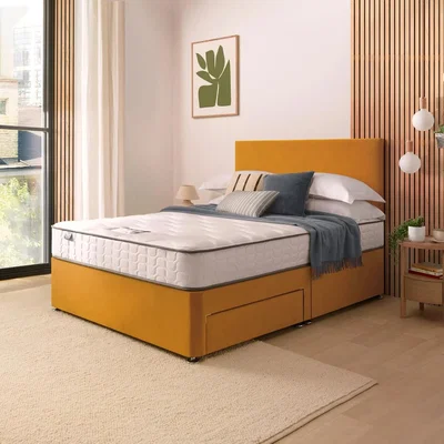 Dunelm Silentnight Velvet Divan Bed with Paris Headboard & 800 Pocket Sprung Mattress Ochre Velvet