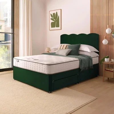 Dunelm Silentnight Velvet Divan Bed with Wave Headboard & 800 Pocket Sprung Mattress Rainforest