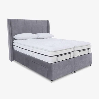 Furniture Village E-Motion Akira Dual Adjustable Divan Base With 2 Drawers with Massage Function and Headboard - Super King - Aston Steel