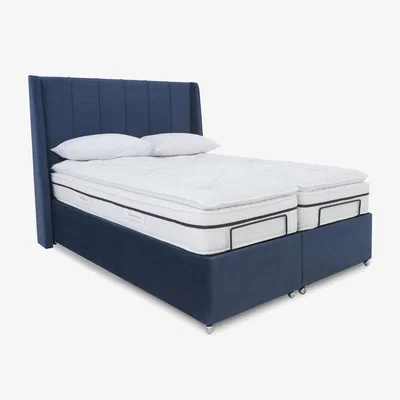 Furniture Village E-Motion Akira Dual Adjustable Ottoman Divan Base with Massage Function and Headboard - Super King - Granite Blue