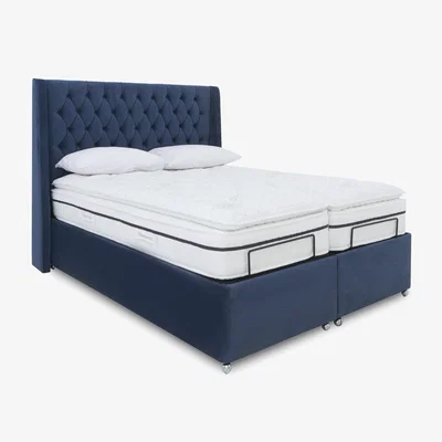 Furniture Village E-Motion Zen Dual Adjustable Ottoman Divan Base with Massage Function and Headboard - Super King - Granite Blue