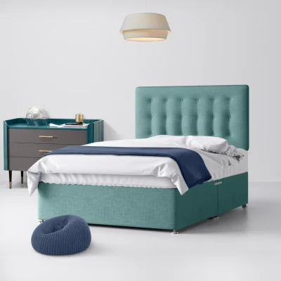 Happy Beds Small Single - Divan Bed and Cornell Buttoned Headboard - Duck Egg Blue - Fabric - 2ft6 - Happy Beds