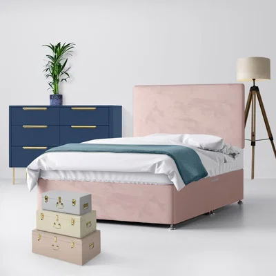 Happy Beds Single - Divan Bed and Cornell Plain Headboard - Pink - Velvet - 3ft - Happy Beds