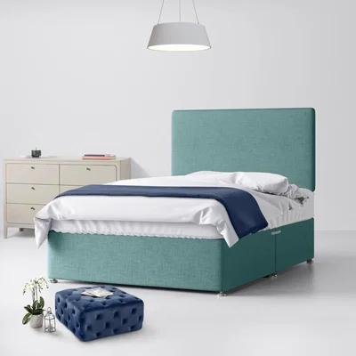 Happy Beds Double - Divan Bed and Cornell Plain Headboard - Duck Egg Blue - Fabric - 4ft6 - Happy Beds