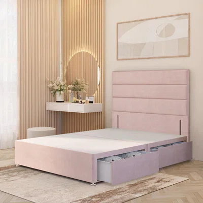 The Range Horizona Velvet Divan Bed Base with 54" Floor Standing Headboard and Drawers - Pink / King / 2 Drawers