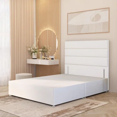 The Range Horizona Velvet Divan Bed Base with 54" Floor Standing Headboard and Drawers - White / King / No Drawers