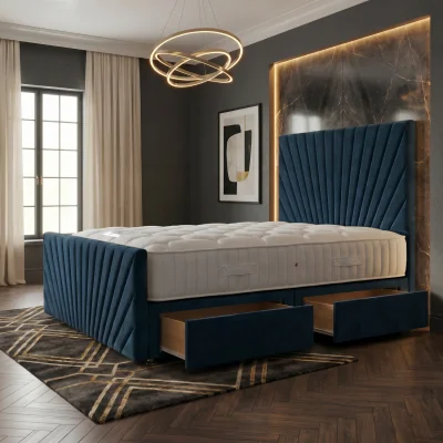 The Range Sunrise Velvet Divan Bed with Mattress 54" Headboard and 22" Footboard - Navy / 2 / Superking