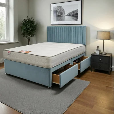 The Range Emily Plush Bed Set With Mattress, 2 Drawers Same Side  24"Headboard - Sky Blue / Small Single / 123cm