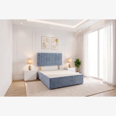The Range Emily No Draw Divan Bed Base with Headboard Plush Velvet - Sky Blue / Super King