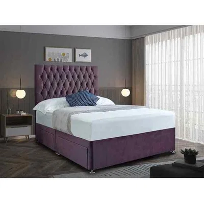 The Range Jemma Divan Bed with Headboard Mattress-Chenille Fabric, 2 Drawers Left Side - Purple / Single
