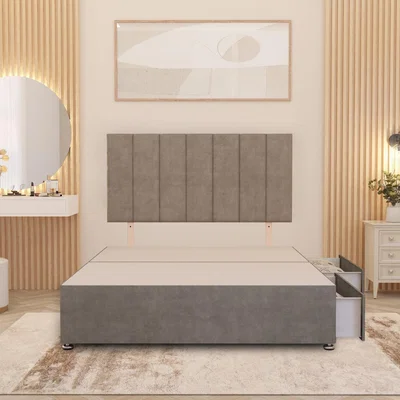 The Range Austin Divan Bed Base with 32" Headboard Plush Velvet Storage Drawer Options - Ivory / 2 Drawers / Double