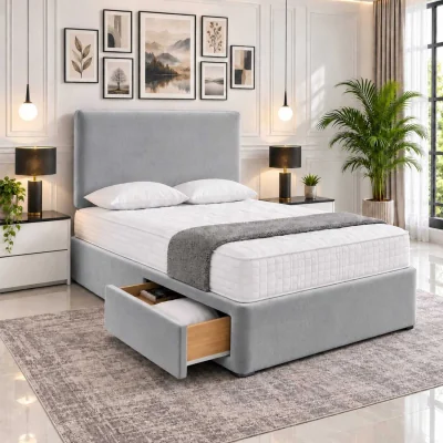 The Range Velmora Upholstered Divan Bed With Storage Drawer With Headboard - Silver / King