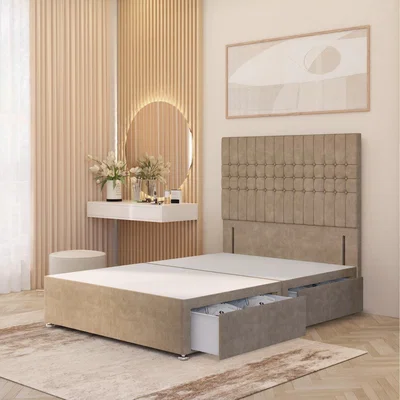 The Range Lexington Divan Bed Base with 54" Floor Standing Headboard Plush Velvet - Beige / King / 4 Drawers