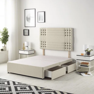 The Range Saville Tweed Fabric Divan Bed Base with 32" Diamante Headboard and Drawers - Natural / 2 / Double