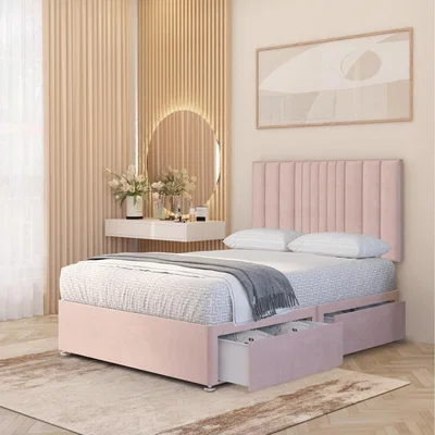 The Range Arizona Plush Velvet Orthopaedic Divan Bed Set Hybrid Mattress and 32" Headboard - Pink / King / 2 Drawers