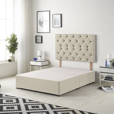 The Range Savoy Tweed Fabric Divan Bed Base with 32" Diamante Headboard and Drawers - Natural / King / No Drawers