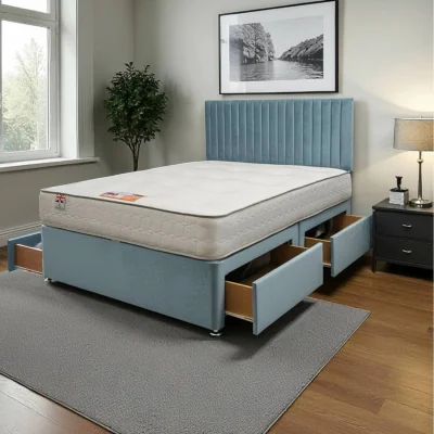 The Range Emily Plush Bed Set With Mattress, 4 Drawers And 24"Headboard - Sky Blue / Small Double