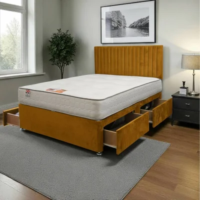 The Range Emily Plush Bed Set With Mattress, 4 Drawers And 24"Headboard - Mustard / Superking
