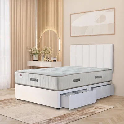 The Range Austin Plush Velvet Orthopaedic Divan Bed Set Hybrid Mattress and Headboard - White / Small Double / 2 Drawers
