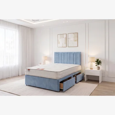 The Range SKY Plush Bed Set With Mattress, 2 Drawers Same Side & 24"Headboard - Sky Blue / King