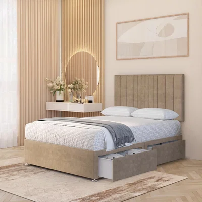 The Range Arizona Plush Velvet Orthopaedic Divan Bed Set Hybrid Mattress and 32" Headboard - Beige / Superking / 4 Drawers