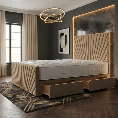 The Range Sunrise Velvet Divan Bed with Mattress 54" Headboard and 22" Footboard - Beige / 2 / King