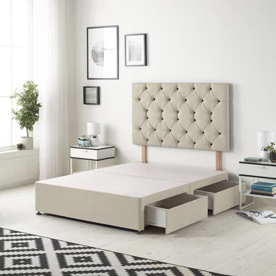 The Range Savoy Tweed Fabric Divan Bed Base with 32" Diamante Headboard and Drawers - Natural / Double / 2 Drawers