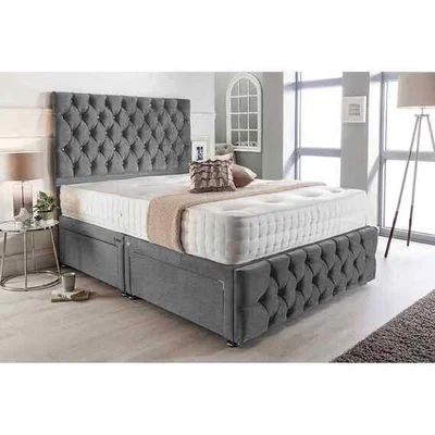 The Range Merina Divan Bed with Tall Headboard Mattress-Chenille, 2 Drawers Left Side - Silver / Grey / Superking / Super King