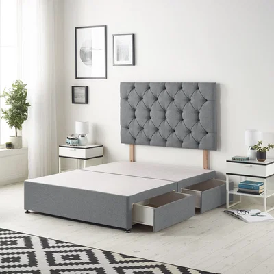 The Range Savoy Velvet Divan Bed Base with 32" Diamante Headboard and Drawers - Silver / King / 60kg