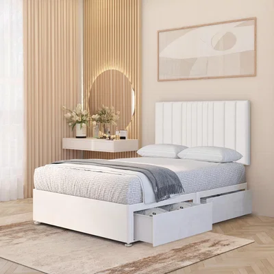 The Range Arizona Plush Velvet Orthopaedic Divan Bed Set Hybrid Mattress and 32" Headboard - White / 2 Drawers / King