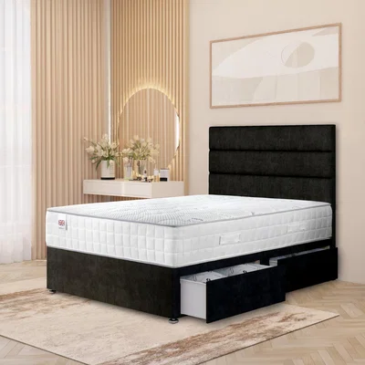The Range Horizona Velvet Divan Bed Set Pocket Spring Mattress Floor Standing Headboard - Black / 2 / Double