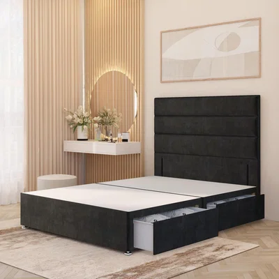 The Range Horizona Velvet Divan Bed Base with 54" Floor Standing Headboard and Drawers - Black / Small Single / 2 Drawers