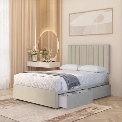 The Range Arizona Tweed Fabric Orthopaedic Divan Bed Set Hybrid Mattress and 32" Headboard - Natural / Small Single / 2 Drawers