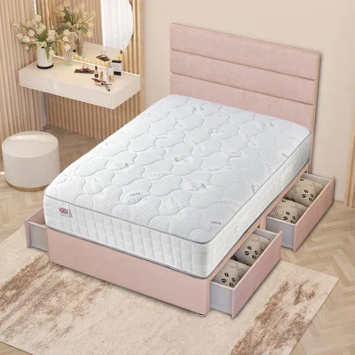 The Range Horizona Velvet Divan Bed Set Pocket Spring Mattress Floor Standing Headboard - Pink / 4 / Double