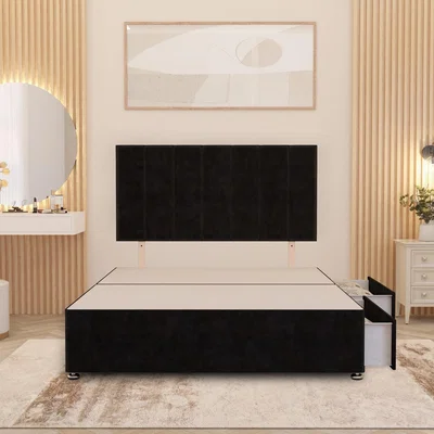 The Range Austin Divan Bed Base with 32" Headboard Plush Velvet Storage Drawer Options - Black / Single / 2 Drawers