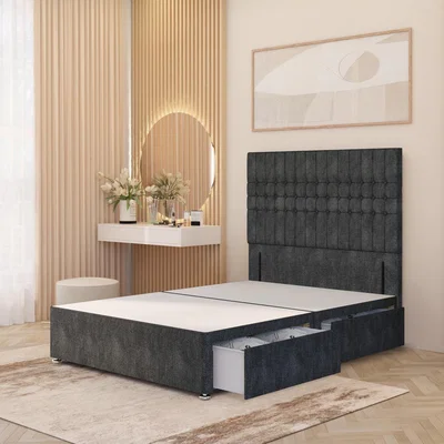 The Range Lexington Divan Bed Base with 54" Floor Standing Headboard Tweed Fabric - Charcoal / Small Double / 4 Drawers