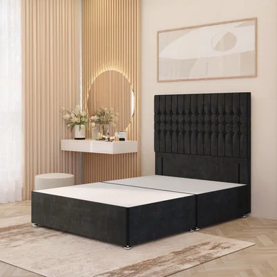 The Range Lexington Divan Bed Base with 54" Floor Standing Headboard Plush Velvet - Black / Small Single / No Drawers