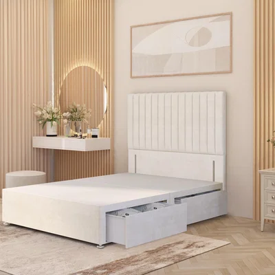 The Range Verona Divan Bed Base with 54" Floor Standing Headboard Plush Velvet - Ivory / Small Double / 2 Drawers