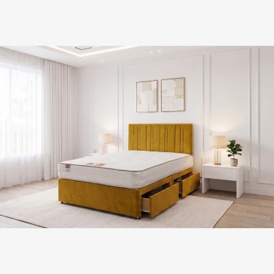 The Range SKY Plush Bed Set With Mattress, 2 Drawers Same Side & 24"Headboard - Mustard / Small Single